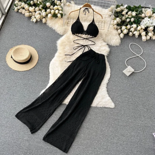 Praia Duas Peças Define Verão v neck bandage vest Regatas E Calças Soltas Retas De Malha Roupas - Image 3