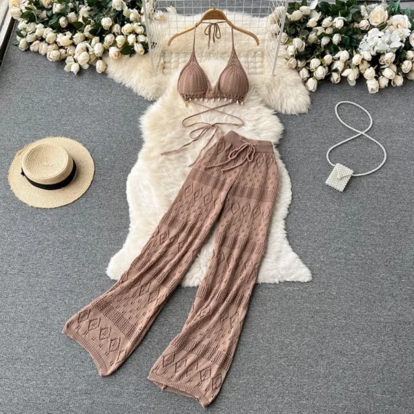 Praia Duas Peças Define Verão v neck bandage vest Regatas E Calças Soltas Retas De Malha Roupas - Image 4