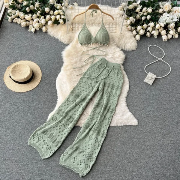 Praia Duas Peças Define Verão v neck bandage vest Regatas E Calças Soltas Retas De Malha Roupas