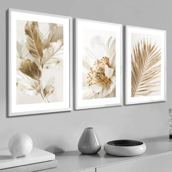 Kit 3 Quadros Decorativos Folhagem Dourada Gold Sala Grande Moderno - Image 3
