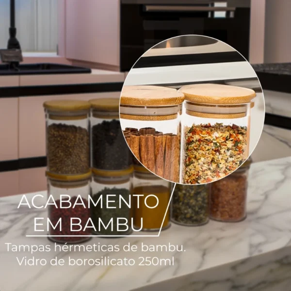 Kit 10 potes de vidro com tampa de bambu herméticos para mantimentos 250 ml - Image 3