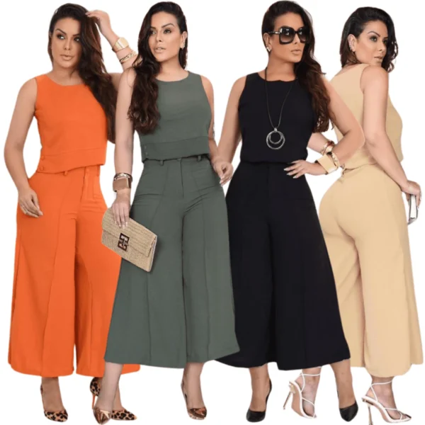 Conjunto Feminino Pantacourt Calça Blusa Cavada Cores Lisa Tecido Crepe Duna Botões Encapado