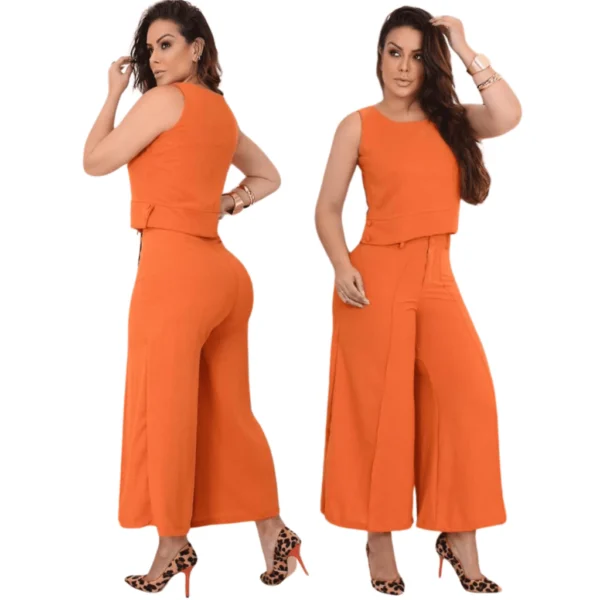 Conjunto Feminino Pantacourt Calça Blusa Cavada Cores Lisa Tecido Crepe Duna Botões Encapado - Image 3
