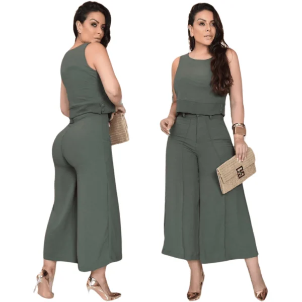 Conjunto Feminino Pantacourt Calça Blusa Cavada Cores Lisa Tecido Crepe Duna Botões Encapado - Image 5