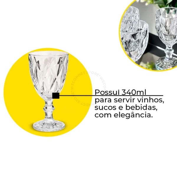 Jogo De 12 Taças De Vidro Diamond 340ml Transparente - Image 3