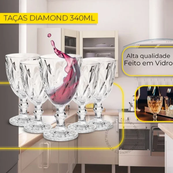 Jogo De 12 Taças De Vidro Diamond 340ml Transparente - Image 5