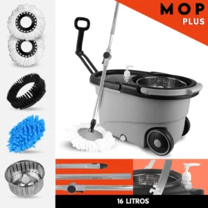 Mop Giratório Com Cesto Em Inox - Cabo 150cm - Completo Cinza