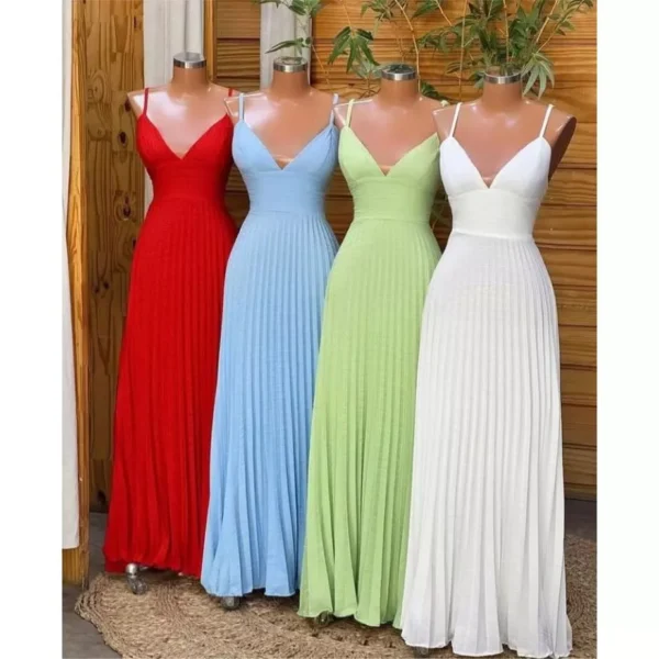Vestido longo plissado decote V vestido elegante moda feminina