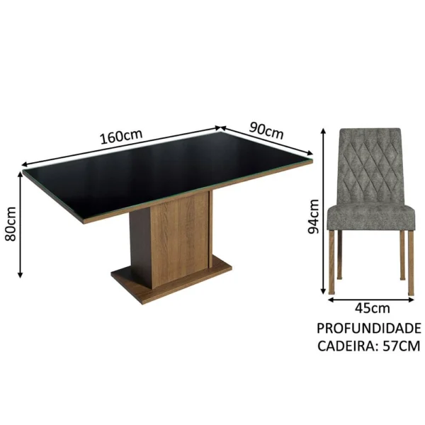 Conjunto Sala de Jantar Mesa Tampo de Vidro 6 Cadeiras Rustic/Preto/Silver Geórgia Madesa - Image 3