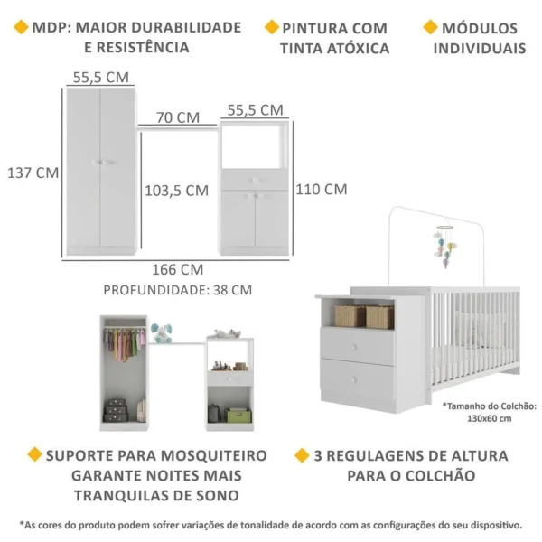 Quarto Completo Pimpolho com berço 3 em 1 com rodízios Multimóveis Branco - Image 4