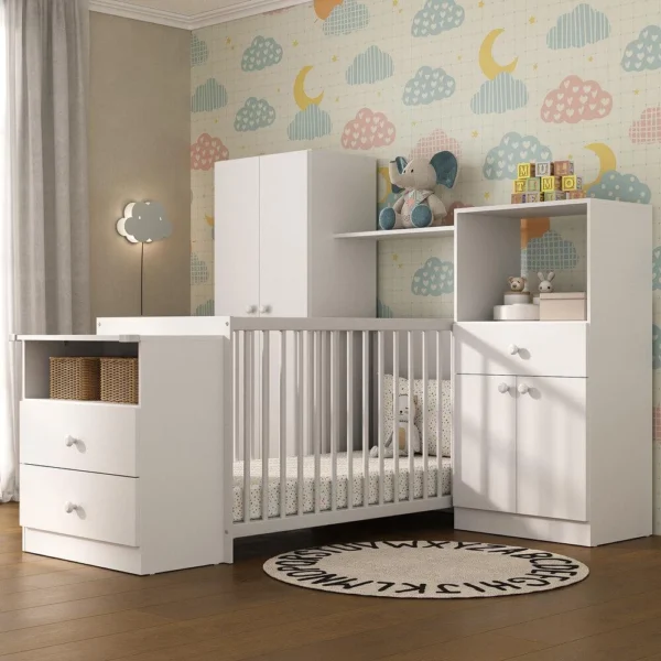 Quarto Completo Pimpolho com berço 3 em 1 com rodízios Multimóveis Branco