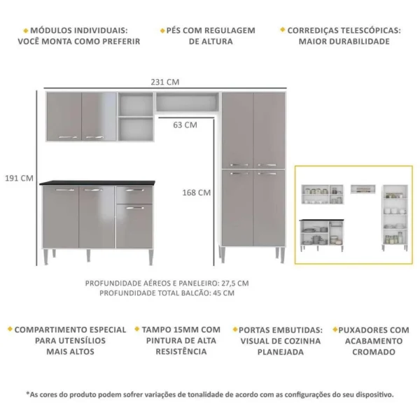 Cozinha Compacta Multimóveis com Armário e Balcão Xangai - Image 3