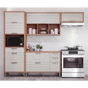Cozinha Compacta 4 Pçs 2 Aéreos 1 Balcão E Torre Quente C/ 1 Nicho Eloise Mgm Freijó/Off White