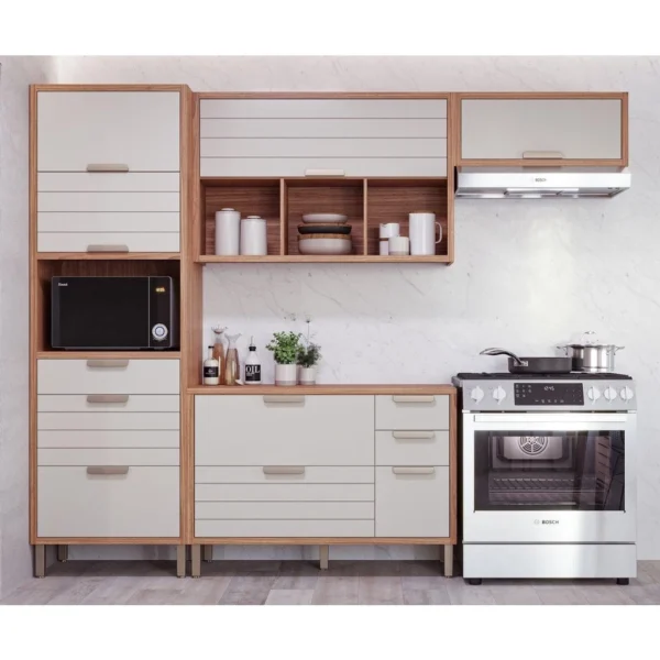 Cozinha Compacta 4 Pçs 2 Aéreos 1 Balcão E Torre Quente C/ 1 Nicho Eloise Mgm Freijó/Off White