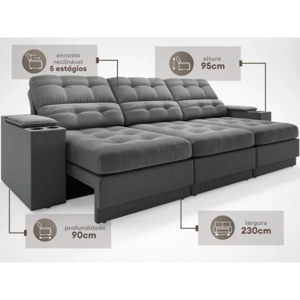 Sofá com Porta Copos e Carregador USB Eureka 2,30m Assento Retrátil e Reclinável Velosuede Grafite - NETSOFAS - Image 4