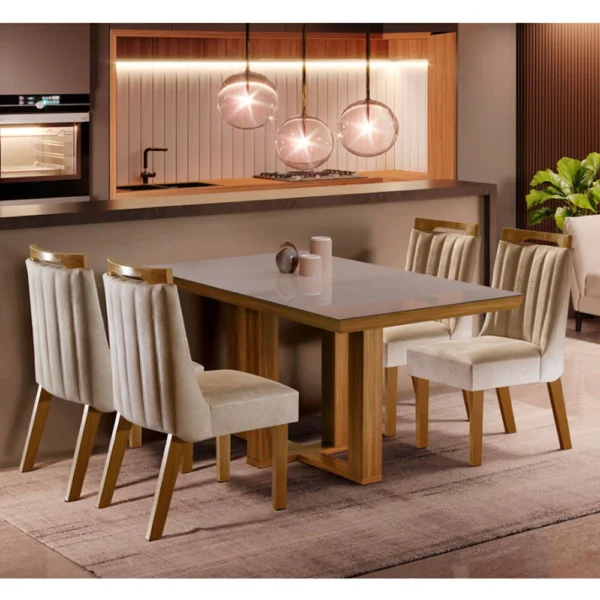 Conjunto Sala de Jantar Lottus Mesa Tampo em MDF e Vidro com 4 Cadeiras