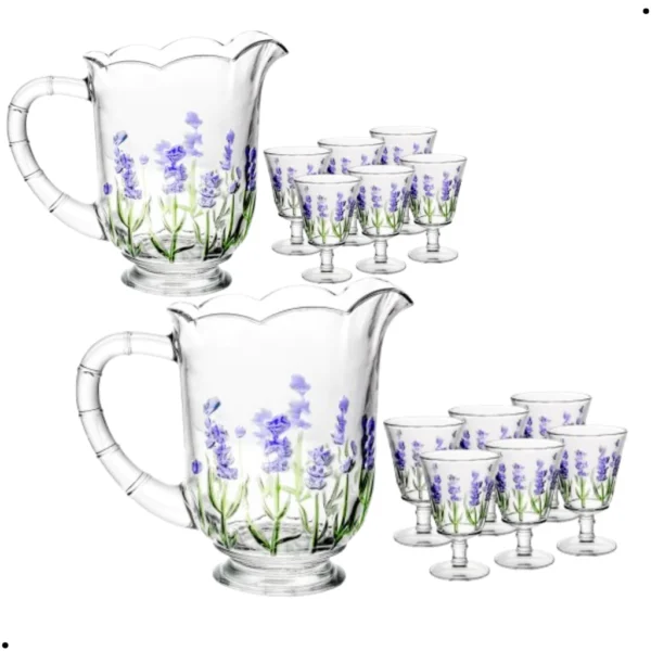 Jogo Jarra com 6 Taças Agua Suco Vidro Cristal Lavanda HandPainting 1,3L / 240ml Lyor